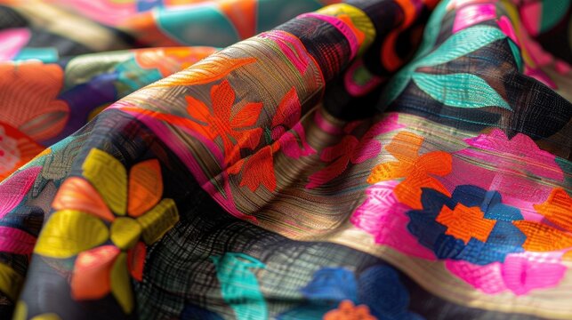 Abstract Geometric Pattern Sari with Colorful Floral Design and Traditional Pallu