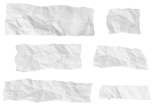 Set of torn and crumpled graph paper pieces isolated on a transparent background. Template mockup