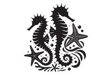 Seahorses and starfish silhouette Vector Illustration 