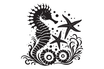 Seahorses and starfish silhouette Vector Illustration 
