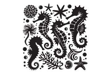 Seahorses and starfish silhouette Vector Illustration 