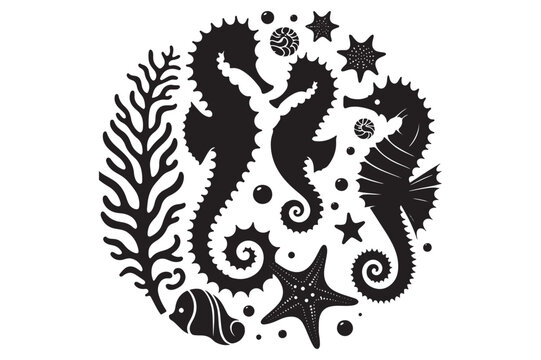 recommend clip art: Seahorses and starfish silhouette Vector Illustration 