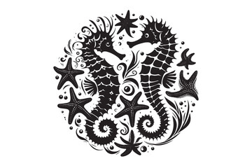 Seahorses and starfish silhouette Vector Illustration 