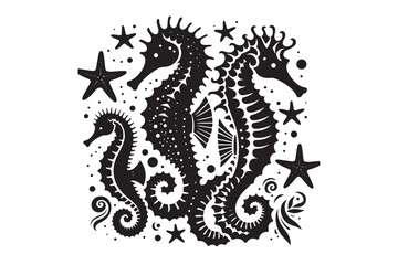 Seahorses and starfish silhouette Vector Illustration 