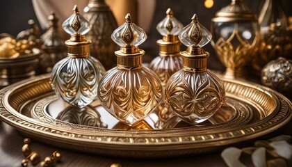 A set of opulent perfume bottles with intricate designs and gold accents, placed on a vintage mirrored tray.
