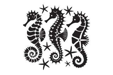 Seahorses and starfish silhouette Vector Illustration 