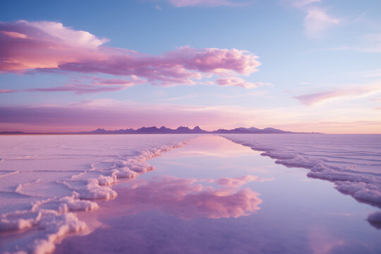 Fototapeta Tranquil sunset over a vast salt flat with vivid reflections. Generative AI image