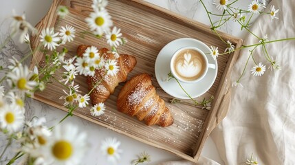 Fototapeta premium Coffee and croissant on a wooden plate, boho decor
