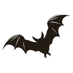 A black silhouette of a bat with outstretched wings against a white background