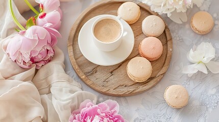 Coffee and macarons on a wooden plate, boho decoration