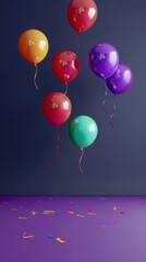 colorful balloons flying in the air on a dark purple background with an empty floor