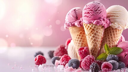 Cones ice creams with fruits, summer dessert background 