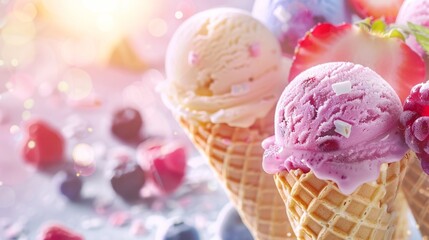 Cones ice creams with fruits, summer dessert background 