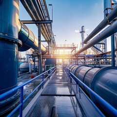 an industrial gas plant with tanks and pipes on a bright day