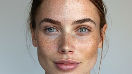 Split image shows womans face before and after skincare treatment - left side is pre-treatment, right side shows visible improvement in skin texture