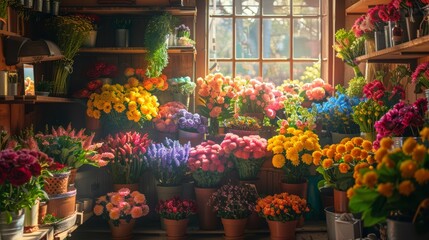 delighted florist in a colorful flower shop, creating beautiful bouquets and interacting with happy customers, enjoying the vibrant and fragrant atmosphere of their creative workspace