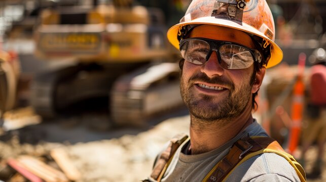 content construction worker on a sunny building site, working with dedication and a smile, surrounded by colleagues and modern machinery, showcasing pride and joy in their hands-on work