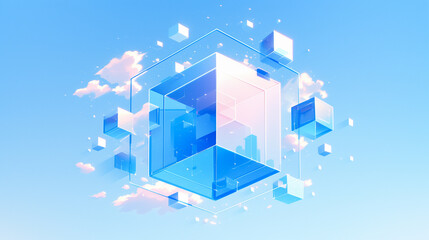 Fototapeta premium Light Blue Background with Floating Cubes and Abstract Geometric Shapes