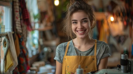 Obraz premium content tailor in a cozy workshop, expertly sewing garments with a smile, surrounded by fabrics and sewing tools, reflecting passion and joy in creating custom clothing