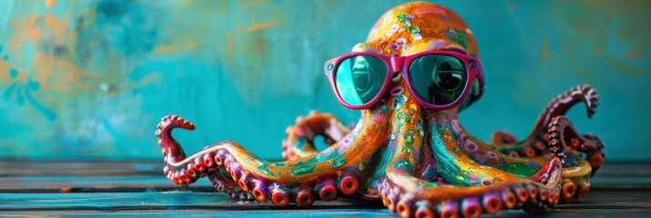 an octopus toy in vibrant colour and art, wearing sunglasses against a teal background