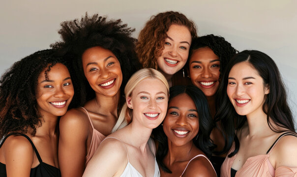 Group of diverse multiracial and multi ethnic smiling woman posing in a studio