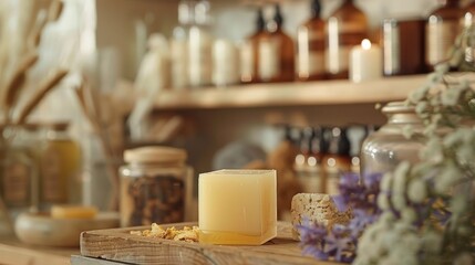 A close-up of natural body care products displayed on a wooden shelf