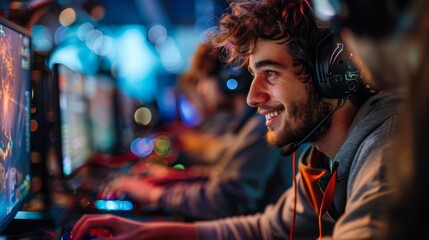 Fototapeta premium content game developer in a high-tech studio, passionately working on a project with a smile, surrounded by advanced software and a collaborative team, reflecting joy in creativity and innovation
