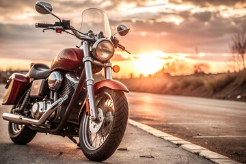 A motorcycle parking on the road right side and sunset, select focusing background