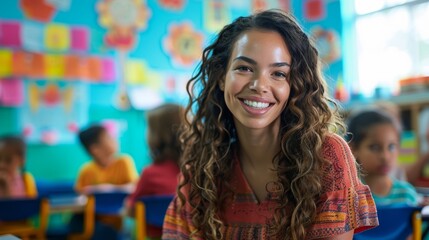 content teacher in a colorful classroom, engaging with enthusiastic students, using creative teaching aids and enjoying the vibrant learning environment, reflecting fulfillment and happiness