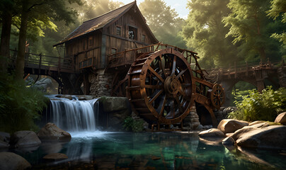 An old wooden watermill by the river