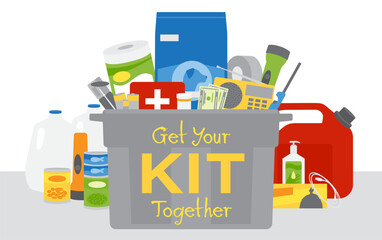 A group of emergency supplies design, get your kit together text on a plastic tote
