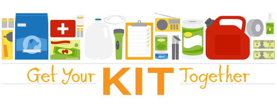A row of emergency supplies design, get your kit together text

