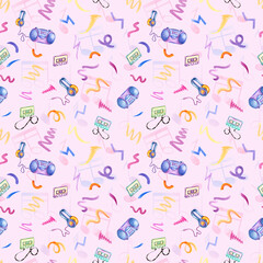 Tape recorder, audio cassettes and headphones among multicolored scribble. Cute and funny seamless pattern in 90s nostalgia style. Watercolor illustration isolated on pink background