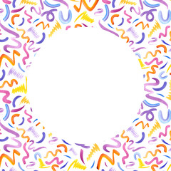 Line doodle. Native abstract multicolored brush strokes. Simple shapes. Curls design, squiggle in 90s style. Square frame with round space for text. Watercolor illustration isolated on white.
