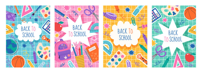 Set of trendy school poster, backgrounds. Modern design with school supplies, education stickers, doodle. Back to school, college, study concept. Perfect for web ads, branding, flyer, banner.