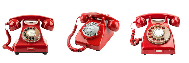 Set of  A retro red landline phone with a handset next to a rotary dial "A retro red landline phone with a handset” isolated on transparent background