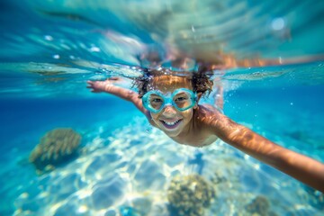 Naklejka premium A joyful child swimming underwater in a clear tropical ocean, enjoying the summer vacation with a big smile on their face.