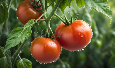 ripe tomatoes weigh on the stalk, after the rain.