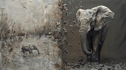 A muddy African elephant stands in a split image. On the right, the elephant is in a waterhole, and on the left, there is a reflection in an abstract waterhole
