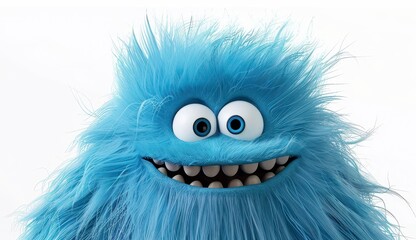 A cute smiling fluffy monster with blue fur on a white background