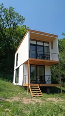 A modern black wooden house with large windows stands on the grassy hill against a blue sky.