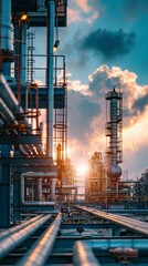 an industrial gas plant with tanks and pipes on a bright day