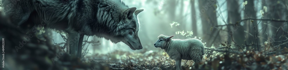 Wall mural a wolf barking at a lamb in the forest on blur background - Wall murals
