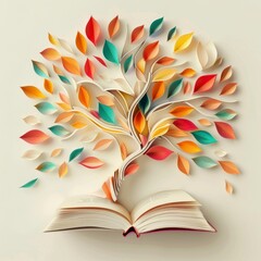 a vibrant paper leaves tree is top of an open book on blue background