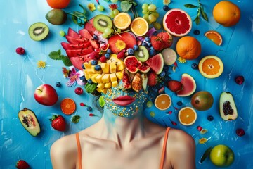 A colorful and creative representation of woman's face using assortment of fresh fruits on vivid blue background. Beauty and health symbolized through vibrant fruit, creative concept of nutrition