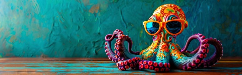 Fototapeta premium an octopus toy in vibrant colour and art, wearing sunglasses against a teal background