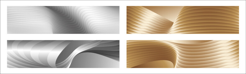 Wavy silver and gold parallel gradient lines, ribbons, silk. Set of 4 backgrounds. Black and white with shades of gray or golden silk. Banner, poster. eps vector
