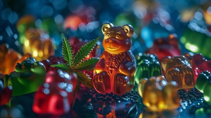 Mixed color cannabis gummy bears, vivid and detailed, with a marijuana leaf, selective focus on the candies' colors