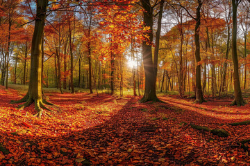 Naklejka premium The sun is shining through the trees in a beautiful autumn forest, casting long shadows on the ground covered with red and orange leaves