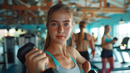 Obraz premium Energetic teen doing bicep curls with dumbbells in a bright gym, other gym-goers exercising in the background, motivational atmosphere, modern fitness machines
